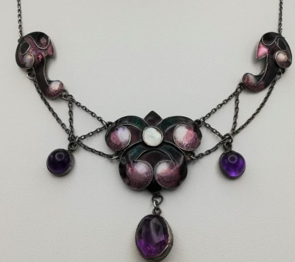 Suffragette Arts and Crafts festoon necklace c1908, in silver, enamels, amethysts and blister pearl