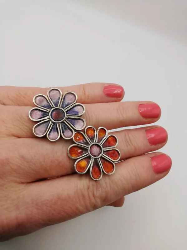 Norman Grant 1971 sunny large silver and orange enamel flower ring
