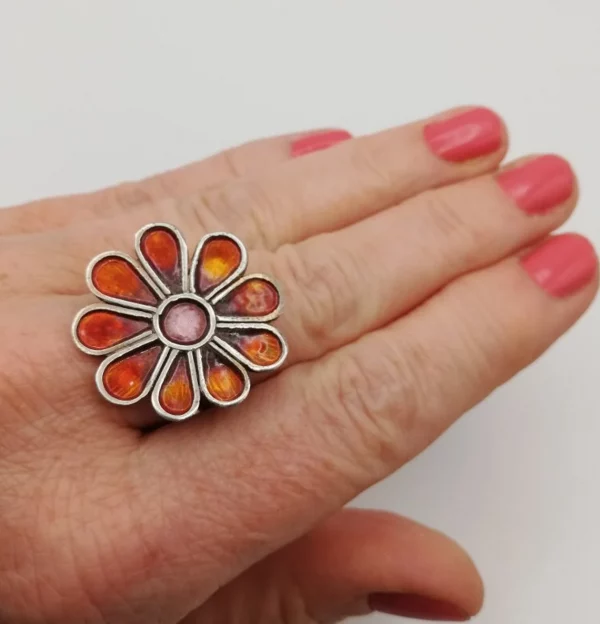 Norman Grant 1971 sunny large silver and orange enamel flower ring