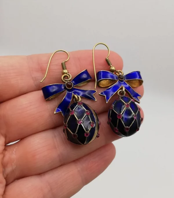 Russian vintage silver, gold, enamel and ruby paste "Easter egg" drop earrings