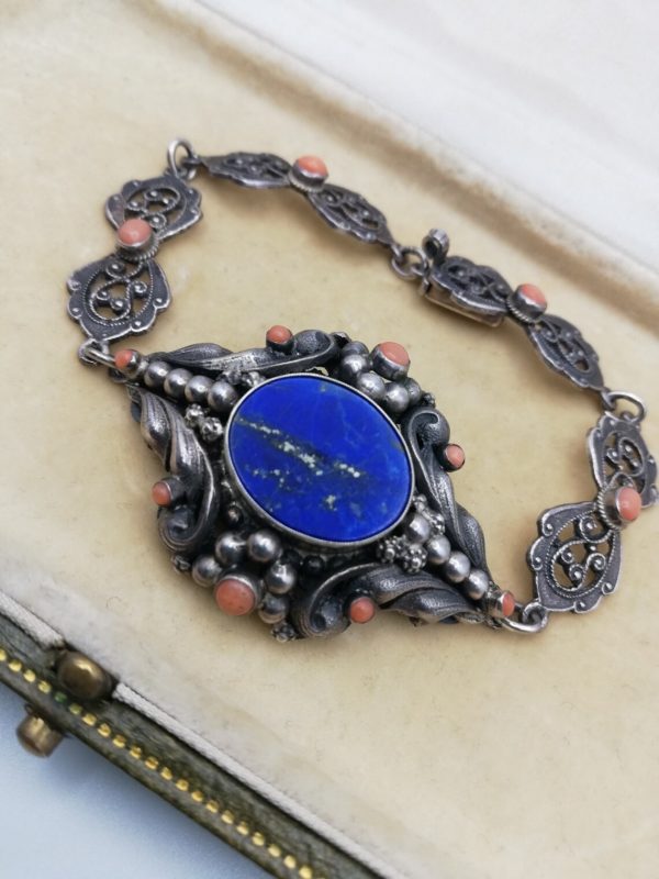 Zoltan White striking c1920 Arts and Crafts / Austro Hungarian bracelet in silver, lapis and coral