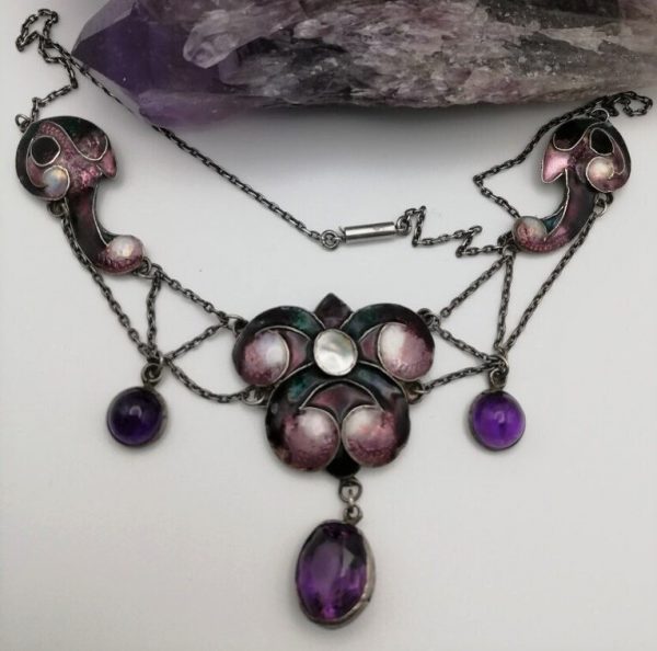 Suffragette Arts and Crafts festoon necklace c1908, in silver, enamels, amethysts and blister pearl