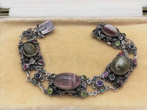 Zoltan White signed, early 1920s Arts and Crafts magnificent pink and green tourmalines bracelet