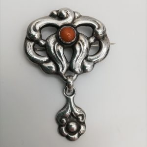 William Fuglede c1900 Danish Skonvirke / Art Nouveau silver dangle brooch with amber