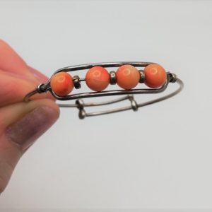 Antique rare baby bangle 1920s French Art Deco, hand crafted in silver with coral beads