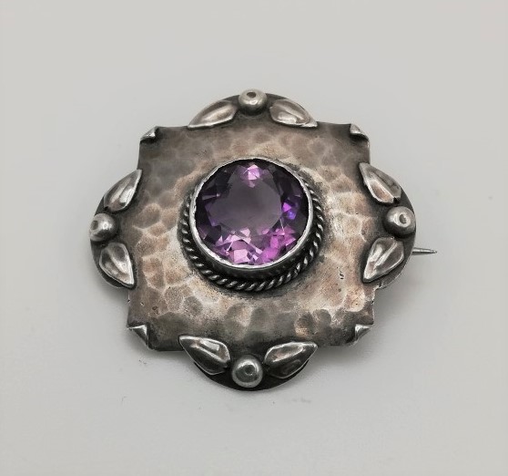 c1900 Arts and Crafts hammered silver brooch with amethyst, Birmingham, Dawn Reg'd most likely for Liberty & Co