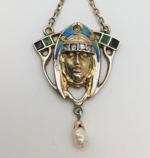 Jugendstil c1900 silver gilt maiden pendant with enamel, pearl and pastes - spectacular!