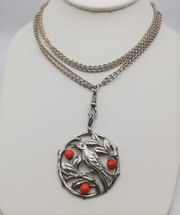 German Art Deco statement 935 silver bird and foliage pendant with coral & huge silver chain