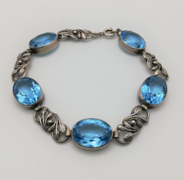 Bernard Instone 1920s Arts & Crafts silver leaves bracelet with large, vibrant, sparkling pastes