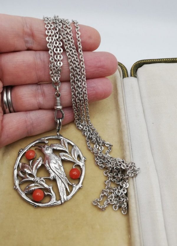 German Art Deco statement 935 silver bird and foliage pendant with coral & huge silver chain