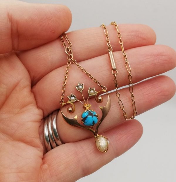 Edwardian c1910 quality 9ct rose gold Giardnetto pendant with turquoise and caged pearl drop plus chain