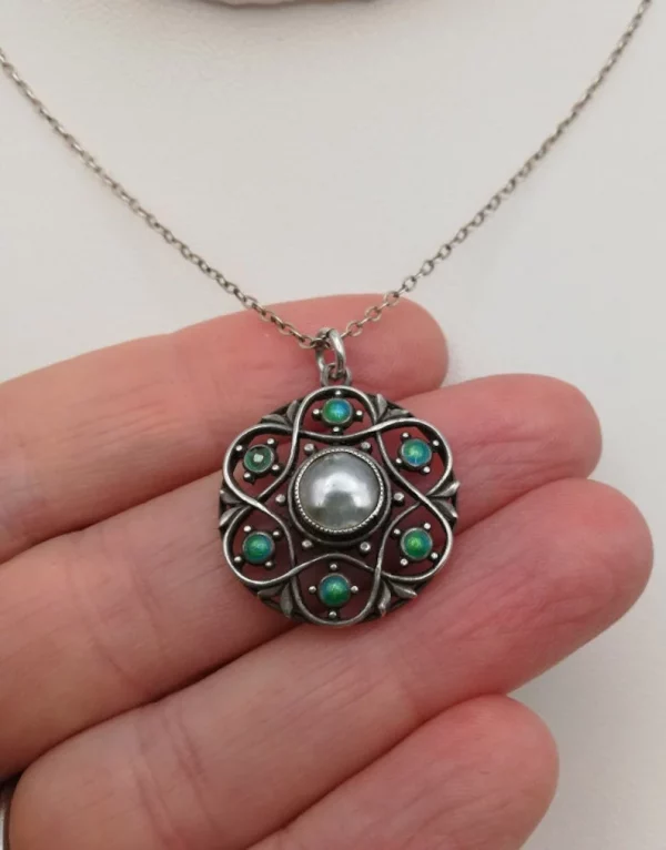 Liberty & Co c1900 Arts and Crafts striking pendant necklace in silver, green enamel and pearl W H Haseler