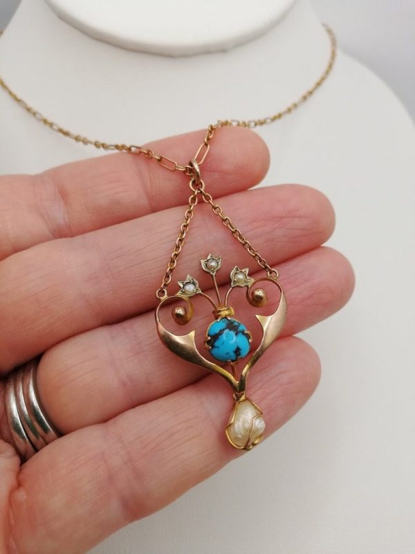Edwardian c1910 quality 9ct rose gold Giardnetto pendant with turquoise and caged pearl drop plus chain