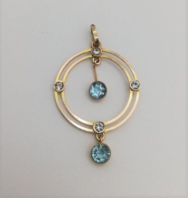 Edwardian c1910 9ct yellow gold circular drop pendant with topaz drops