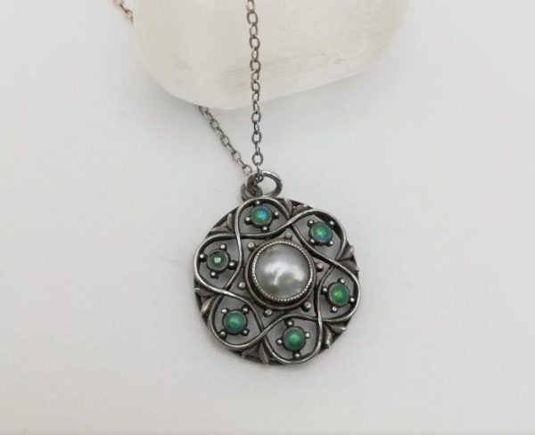Liberty & Co c1900 Arts and Crafts striking pendant necklace in silver, green enamel and pearl W H Haseler