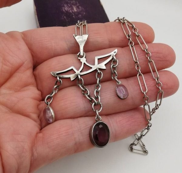 c1900 French Art Nouveau hand crafted silver and amethysts festoon pendant on paperclip chain