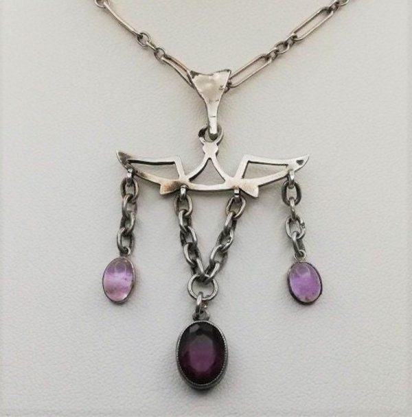c1900 French Art Nouveau hand crafted silver and amethysts festoon pendant on paperclip chain