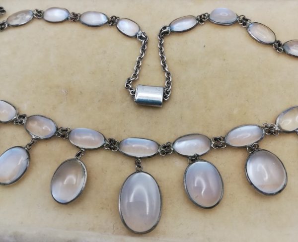 Edwardian c1910 oppulent hand crafted silver and moonstone riviere fringe necklace -incredible 42 stones!