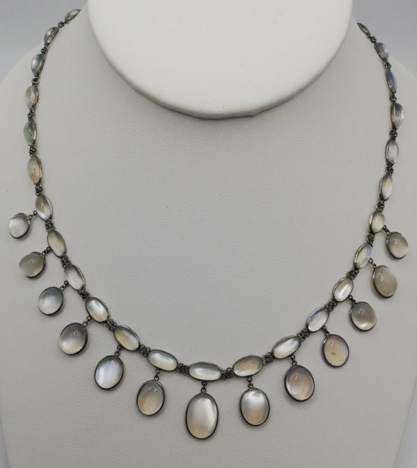 Edwardian c1910 oppulent hand crafted silver and moonstone riviere fringe necklace -incredible 42 stones!