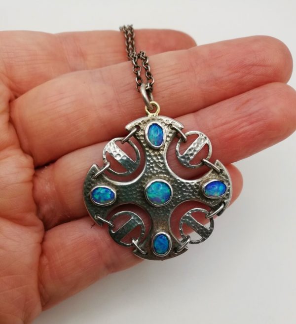 Arts and Crafts c1900 statement silver pendant with opal doublets, probably a Murrle Bennett piece