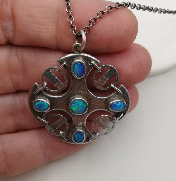 Arts and Crafts c1900 statement silver pendant with opal doublets, probably a Murrle Bennett piece