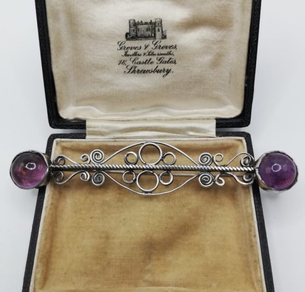 Large Arts and Crafts c1920 brooch in silver with amethysts, possibly from the workshop of Amy Sandheim