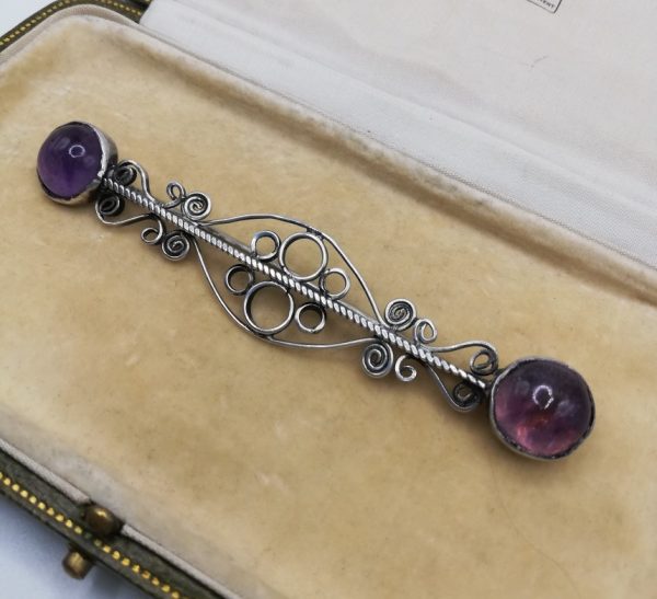 Large Arts and Crafts c1920 brooch in silver with amethysts, possibly from the workshop of Amy Sandheim