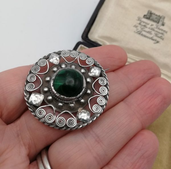 William T Blackband attr Arts and Crafts hammered silver and open work malachite brooch c1910