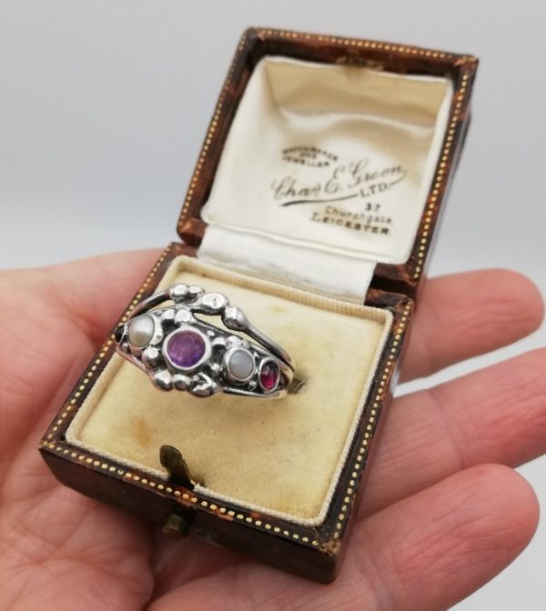 Arts and Crafts silver, amethyst, pearls and garnets ring with silver triple shank-like Mary Thew
