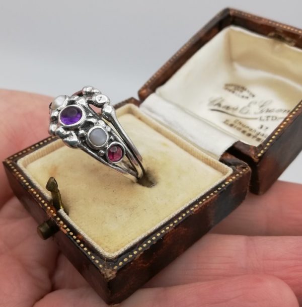 Arts and Crafts silver, amethyst, pearls and garnets ring with silver triple shank-like Mary Thew