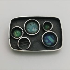 Scottish Modernism 2007 silver and green / blues enamels or resin brooch makers' mark