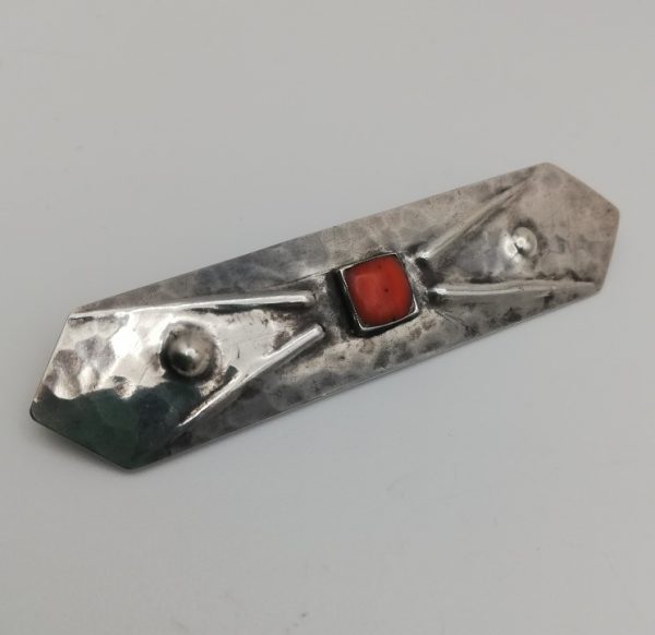 c1930 Art Deco hammered silver and red coral brooch - probably Amsterdam School