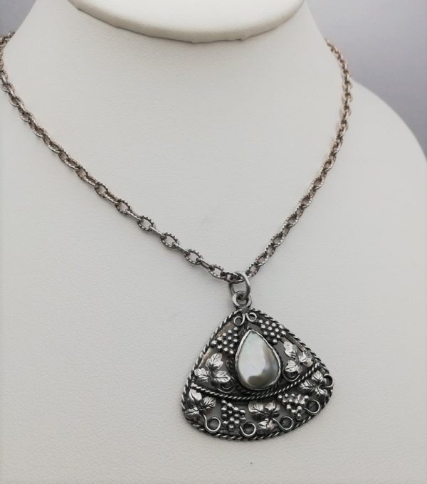 William T Blackband attr c1910 Arts and Crafts silver and blister pearl triangular pendant & chain