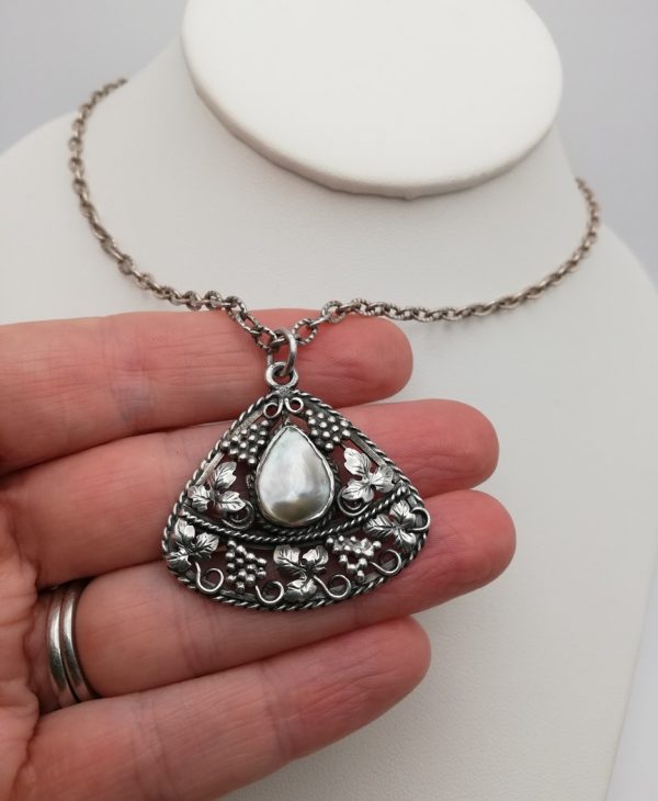 William T Blackband attr c1910 Arts and Crafts silver and blister pearl triangular pendant & chain