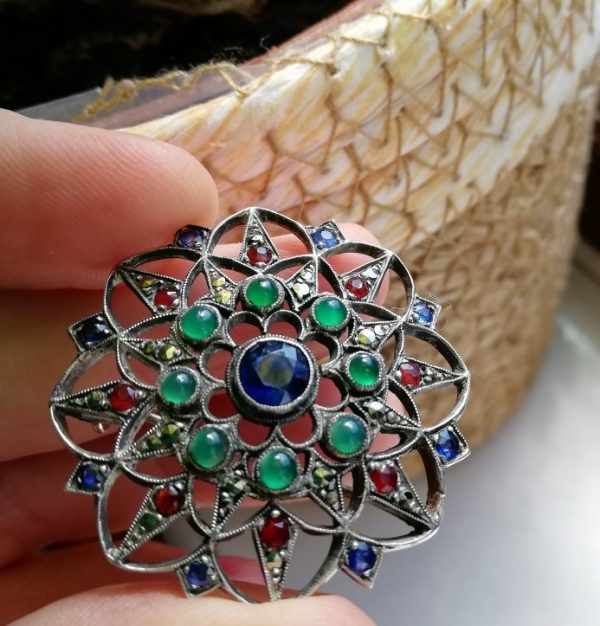 Sibyl Dunlop early Arts and Crafts silver, chrysoprase, paste and marcasite brooch 1920s