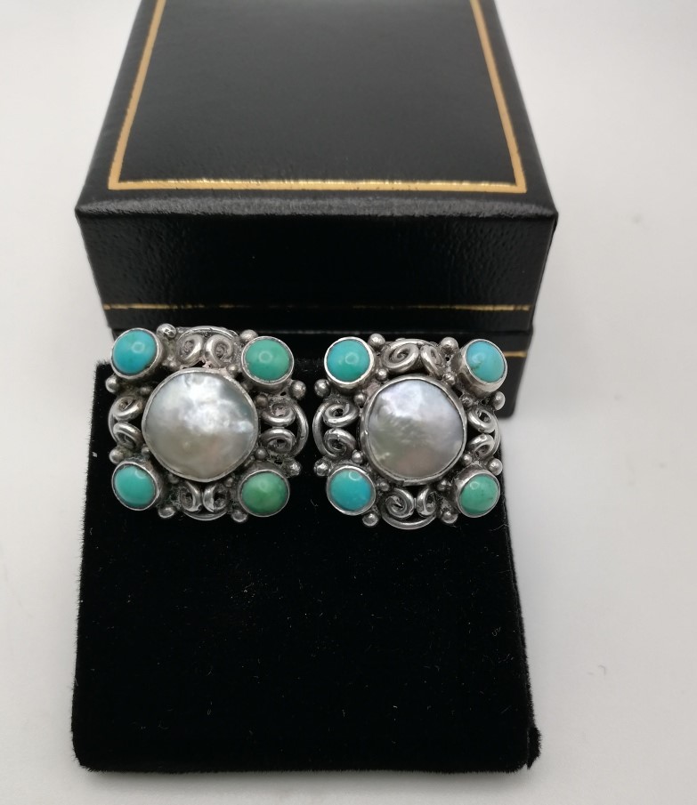 Dorrie Nossiter c1930 Arts and Crafts earrings with pearl and turquoise ...