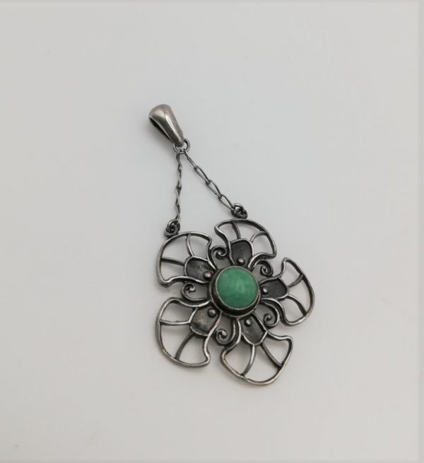 Liberty & Co, c1905 Arts and Crafts pendant in silver with enamel, original bale and chains