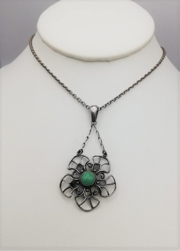 Liberty & Co, c1905 Arts and Crafts pendant in silver with enamel, original bale and chains