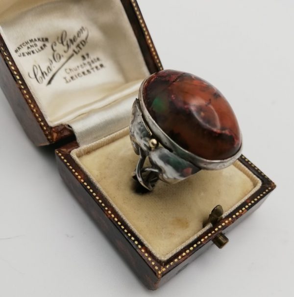 Arts and Crafts statement ring c1900 in silver with gold and huge wood opal-possibly Mary Thew