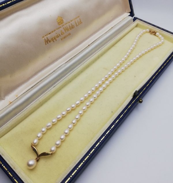 Mappin & Webb, London boxed 9ct gold leaves detail white baroque pearls