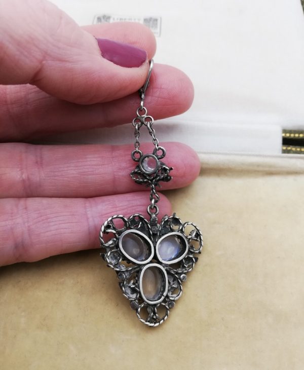 Kate Eadie c1905 hand crafted and wonderful Arts and Crafts heart pendant in silver with moonstones