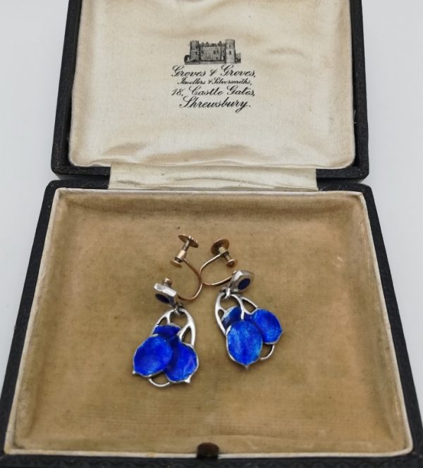 Murrle Bennett c1900 Arts and Crafts super rare, silver, gold and enamel Honesty flower earrings