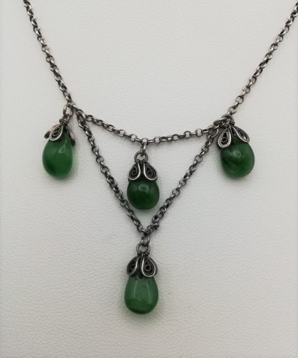 Arts and Crafts c1910 silver and green cabochons festoon necklace - handcrafted and with joyful filigree work