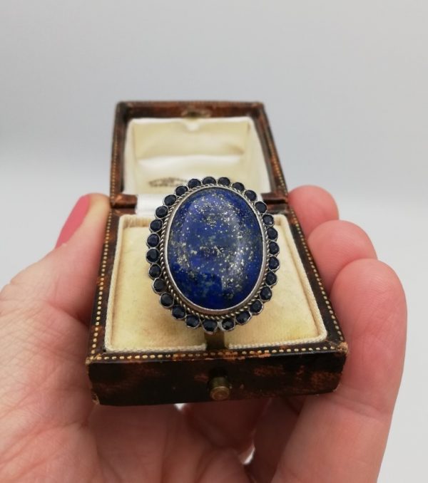 Spectacular Austro Hungarian c1880s statement ring in silver and gold with lapis and 26 sapphires