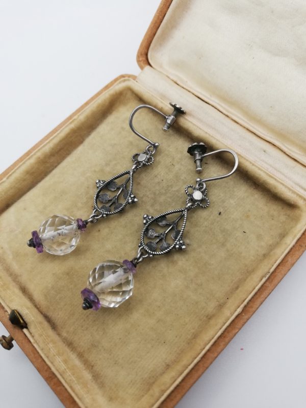 Edward Spencer The Artificers' Guild c1905 excitingly rare Arts and Crafts earrings in silver with amethyst and rock crystal