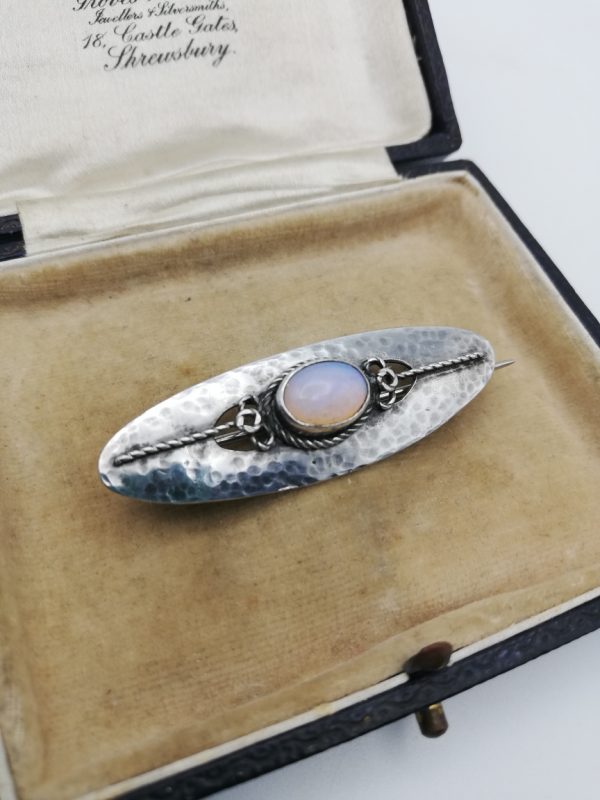 Glasgow School c1900 Arts and Crafts hammered silver brooch with lovely opal