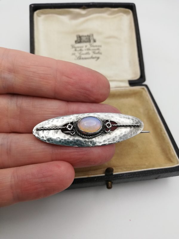 Glasgow School c1900 Arts and Crafts hammered silver brooch with lovely opal