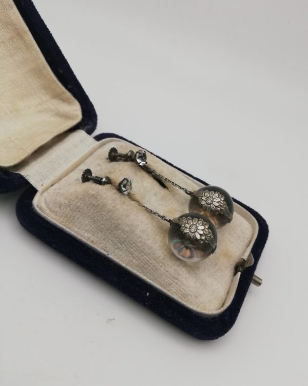 Edwardian c1910 Pools of Light rock crystal and silver earrings-in original box-beautiful!