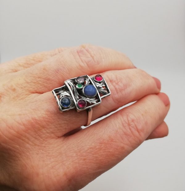 Edith Linnell 1920s extraordinary Arts and Crafts statement ring with precious stones
