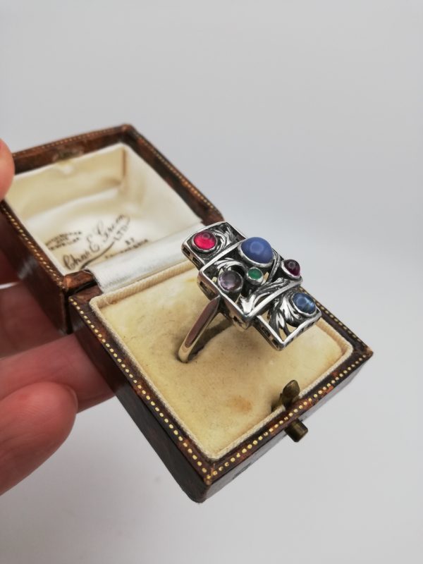 Edith Linnell 1920s extraordinary Arts and Crafts statement ring with precious stones
